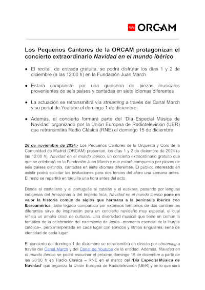 Los Pequeños Cantores de la ORCAM protagonizan el concierto extraordinario Navidad en el mundo ibérico