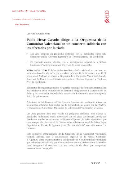 Pablo Heras-Casado dirige un emotivo concierto solidario con la Orquestra de la Comunitat Valenciana, apoyando a los afectados por la riada.