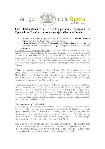 Ewa Płonka clausura la LXXII Temporada de Amigos de la Ópera de A Coruña con un homenaje a Giacomo Puccini
