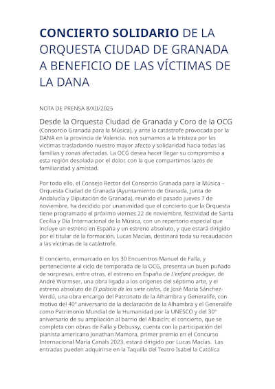 Conciertos solidario de la Orquesta Ciudad de Granada a beneficio de las víctimas de la DANA