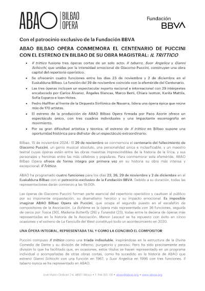SS.MM. los Reyes presidirán la función del 29 de Il Trittico en ABAO Bilbao Opera, que conmemora el centenario de Puccini