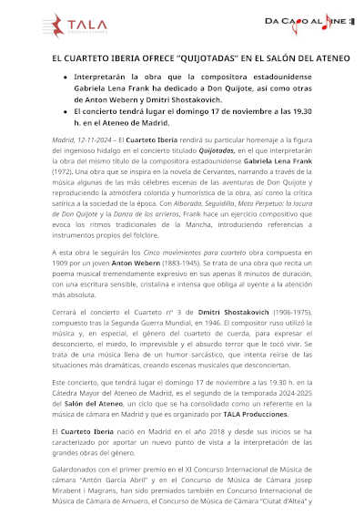 El Cuarteto Iberia ofrece «Quijotadas» en el Salón del Ateneo