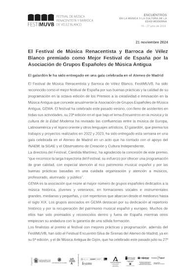 Festival de Música Renacentista y Barroca de Vélez Blanco, premiado como Mejor festival de España
