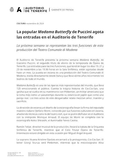 La popular Madama Butterfly de Puccini agota las entradas en el Auditorio de Tenerife