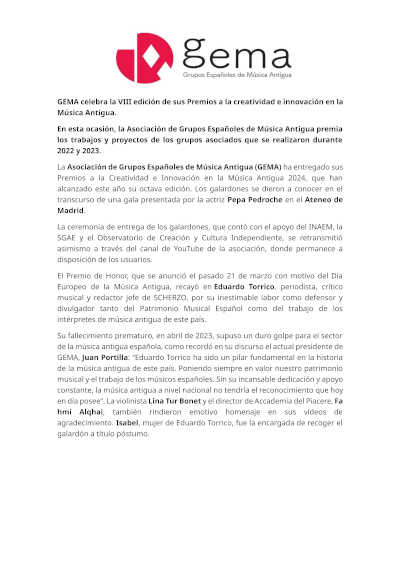GEMA celebra la VIII edición de sus Premios a la creatividad e innovación en la Música Antigua