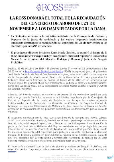 La ROSS donará el total de la recaudación del concierto de abono del 21 a los dammificados por la DANA