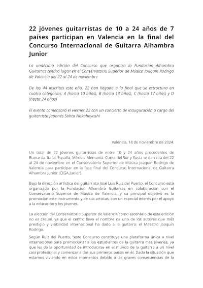 22 jóvenes guitarristas participan en Valencia en la final del Concurso Internacional de Guitarra Alhambra Junior 22 jóvenes guitarristas participan en Valencia en la final del Concurso Internacional de Guitarra Alhambra Junior