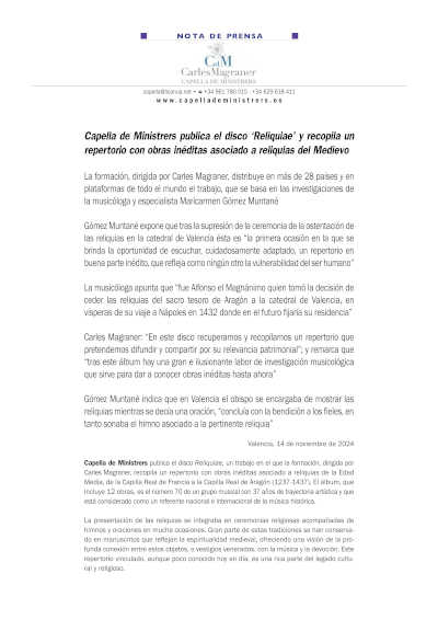 Capella de Ministrers publica el disco «Reliquiae» y recopila un repertorio con obras inéditas asociadas a reliquias del Medievo