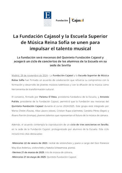 La Fundación Cajasol y la Escuela Superior de Música Reina Sofía se unen para impulsar el talento musical