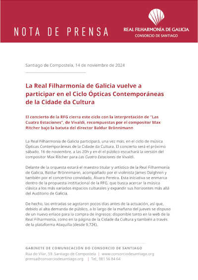 La Real Filharmonía de Galicia vuelve a participar en el Ciclo Ópticas Contemporáneas de la Cidade da Cultura