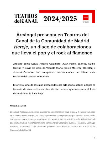 Arcángel presenta en Teatros del Canal Hereje, un disco de colaboraciones que lleva el pop y el rock al flamenco Arcángel presenta en Teatros del Canal Hereje, un disco de colaboraciones que lleva el pop y el rock al flamenco