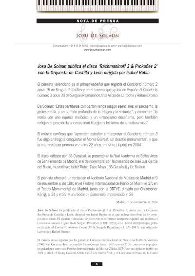 Josu De Solaun publica el disco «Rachmaninoff 3 & Prokofiev 2» con la Orquesta de Castilla y León dirigida por Isabel Rubio