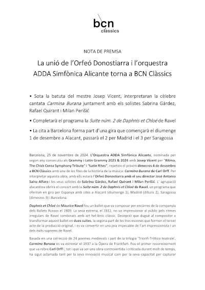La unión del Orfeón Donostiarra y la Orquesta ADDA Simfònica Alicante vuelve a BCN Clàssics