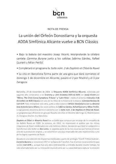 La unión del Orfeón Donostiarra y la Orquesta ADDA Simfònica Alicante vuelve a BCN Clàssics