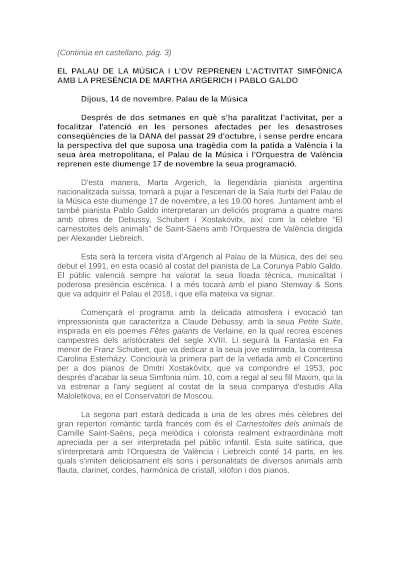 El Palau de la Música y la OV retoman la actividad sinfónica con Martha Argerich y Pablo Galdo