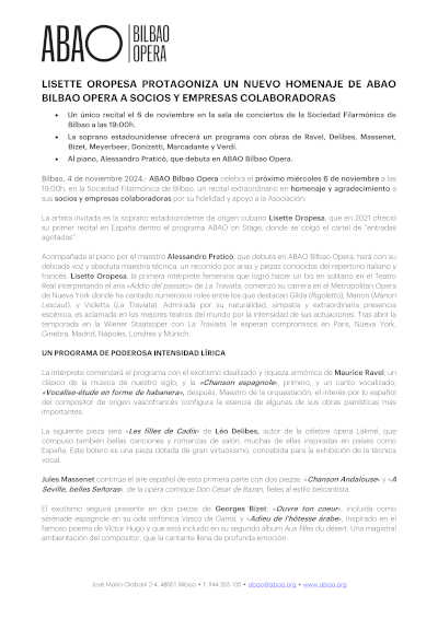 Lisette Oropesa protagoniza un nuevo homenaje de ABAO Bilbao Opera a socios y empresas colaboradoras