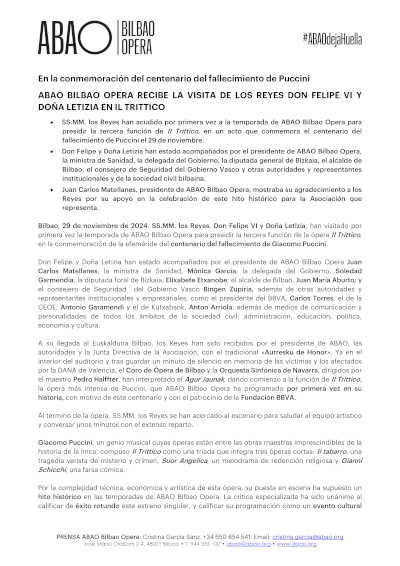 ABAO Bilbao Opera recibe la visita de los Reyes Don Felipe XI y Doña Letizia en Il Trittico