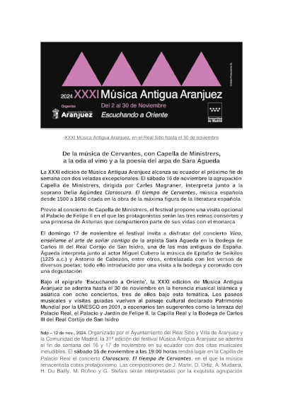 Música de Cervantes, Capella de Ministrers, Sara Águda en el ecuador del  XXXI Festival de Música Antigua de Aranjuez