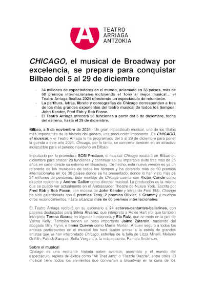 Chicago, el musical de Broadway por excelencia, llega a Bilbao para deslumbrar con su historia cautivadora y su música inolvidable.