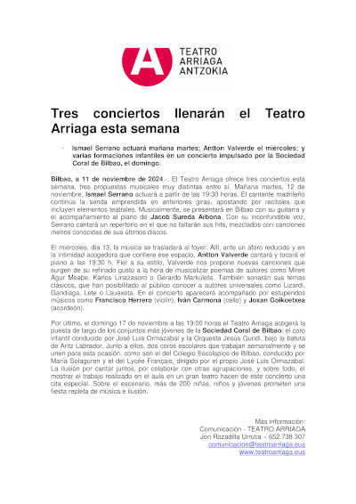 Tres conciertos llenarán el Teatro Arriaga esta semana