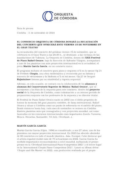 El Consorcio Orquesta de Córdoba donará la recaudación del concierto que ofrecerá en el Gran Teatro