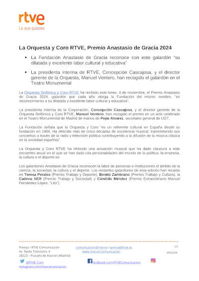 La Orquesta y Coro RTVE, recibe el Premio Anastasio de Gracia 2024