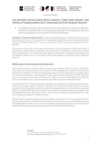Martha Argerich y Pablo Galdo debutan en Pamplona dentro de la Temporada 24-25 de Fundación Baluarte