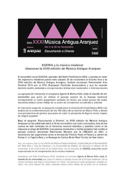 EGERIA y su defensa de la música medieval clausuran la XXXI Edición de Música Antigua Aranjuez