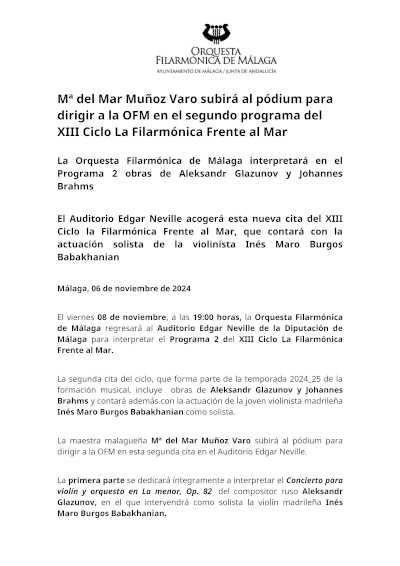 Mª del Mar Muñoz Varo dirigirá a la OFM en el segundo programa del XIII Ciclo La Filarmónica Frente al Mar Mª del Mar Muñoz Varo dirigirá a la OFM en el segundo programa del XIII Ciclo La Filarmónica Frente al Mar