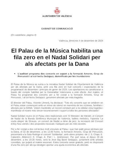 El Palau de la Música presenta una fila cero en el Nadal Solidari, apoyando a los afectados por la DANA.