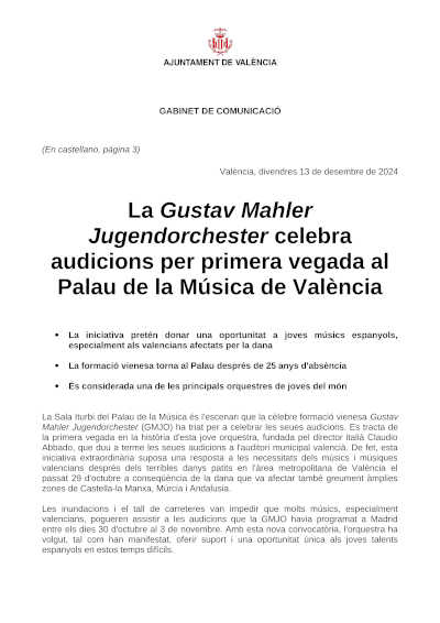 La Gustav Mahler Jugendorchester realiza audiciones por primera vez en el Palau de la Música de Valencia.