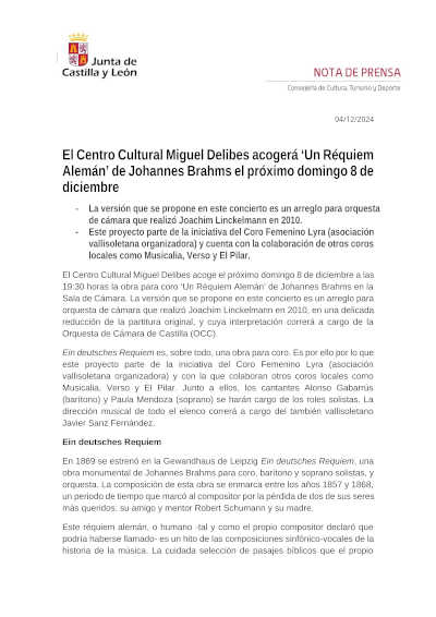 El Centro Cultural Miguel Delibes presenta "Un Réquiem Alemán" de Johannes Brahms, una obra maestra que conmoverá a todos los asistentes.