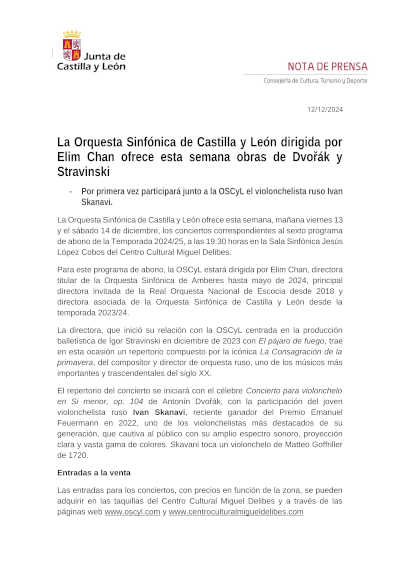 La Orquesta Sinfónica de Castilla y León, bajo la dirección de Elim Chan, presenta esta semana obras de Dvořák y Stravinski.
