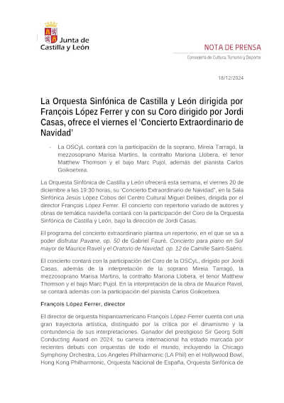 Concierto Extraordinario de Navidad de la OSCyL. Con clásicos de Fauré, Ravel y Saint-Saëns en el Centro Cultural Miguel Delibes.