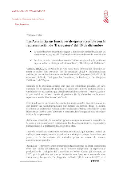 Les Arts inicia sus funciones de ópera accesible con la representación de «Il trovatore» del 19 de diciembre Les Arts inicia sus funciones de ópera accesible con la representación de «Il trovatore» del 19 de diciembre