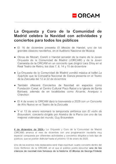 La Orquesta y Coro de la Comunidad de Madrid ofrece una programación navideña con conciertos y actividades para disfrutar en familia.