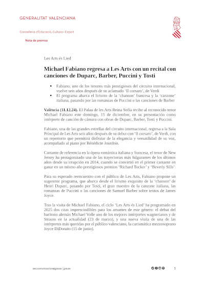 Michael Fabiano regresa a Les Arts para ofrecer un recital inolvidable con obras de Duparc, Barber, Puccini y Tosti. Michael Fabiano regresa a Les Arts para ofrecer un recital inolvidable con obras de Duparc, Barber, Puccini y Tosti.