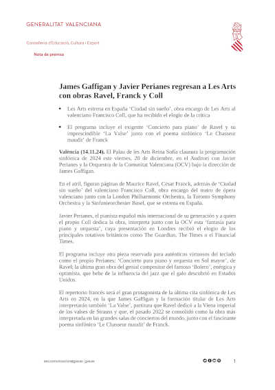 Les Arts acoge el regreso de James Gaffigan y Javier Perianes, quienes presentarán obras de Ravel, Franck y Coll
