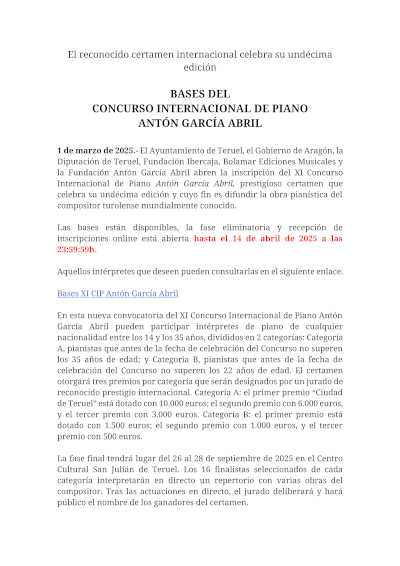 Ampliado el plazo de la XI edición del Concurso Internacional de Piano Antón García Abril, destacada cita para pianistas de proyección internacional. Ampliado el plazo de la XI edición del Concurso Internacional de Piano Antón García Abril, destacada cita para pianistas de proyección internacional.