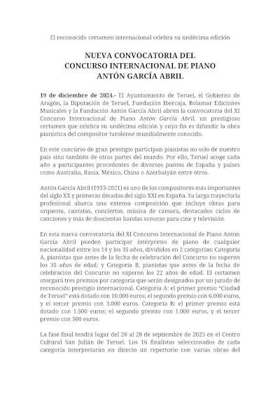 Ampliado el plazo de la XI edición del Concurso Internacional de Piano Antón García Abril, destacada cita para pianistas de proyección internacional. Ampliado el plazo de la XI edición del Concurso Internacional de Piano Antón García Abril, destacada cita para pianistas de proyección internacional.
