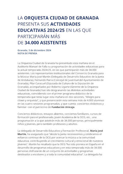 La Orquesta Ciudad de Granada presenta sus actividades educativas 20024/25 para 34.000 asistentes