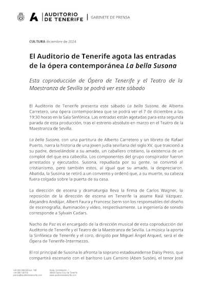 El Auditorio de Tenerife presenta la ópera contemporánea "La bella Susona", un evento que ha agotado sus entradas.