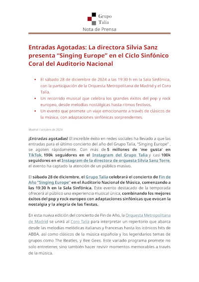 "Singing Europe" bajo la dirección de Silvia Sanz en el Ciclo Sinfónico Coral del Auditorio Nacional. Celebra la música y la cultura europea.
