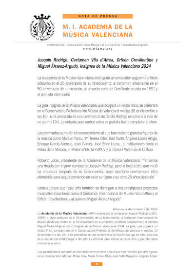 Joaquín Rodrigo, Certamen Vila d’Altea, Orfeón Crevillentino y Miguel Álvarez-Argudo, Insignes de la Música Valenciana 2024
