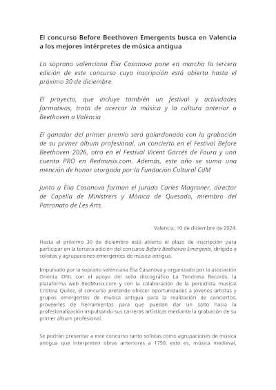 Concurso Before Beethoven Emergents busca a los más destacados intérpretes de música antigua.