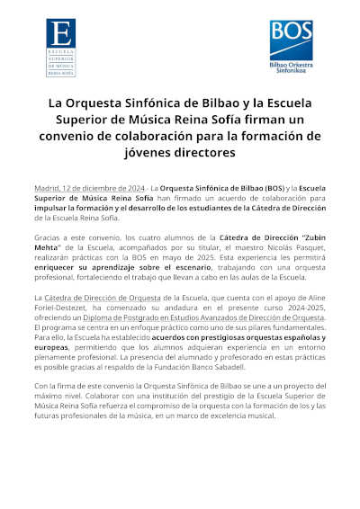 La Orquesta Sinfónica de Bilbao y la Escuela Superior de Música Reina Sofía establecen un convenio de colaboración.