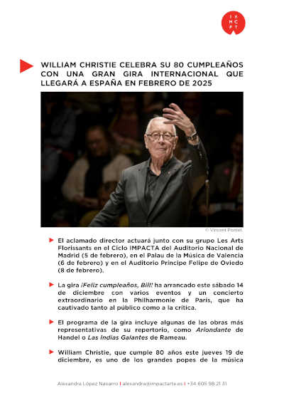 William Christie, el renombrado director de orquesta, cumple 80 años. Acompáñalo en su gira internacional y disfruta de su talento en España.
