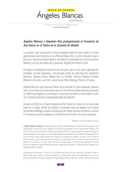 Un emocionante Concierto de Año Nuevo en el Teatro de la Zarzuela con Ángeles Blancas y Alejandro Roy bajo la dirección de Álvaro Albiach.