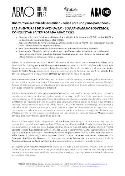 Estreno de D'Artagnan y los jóvenes mosqueteros en Bilbao. Una ópera familiar llena de nobleza, valentía y lealtad.