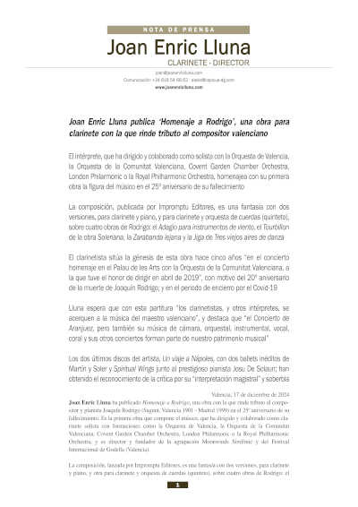 Joan Enric Lluna publica «Homenaje a Rodrigo», una obra para clarinete con la que rinde tributo al compositor valenciano